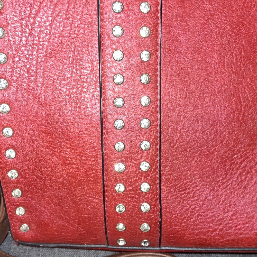 Vibrant Red Satchel with Brown Accents and Rhinestone Details - Picture 2 of 3
